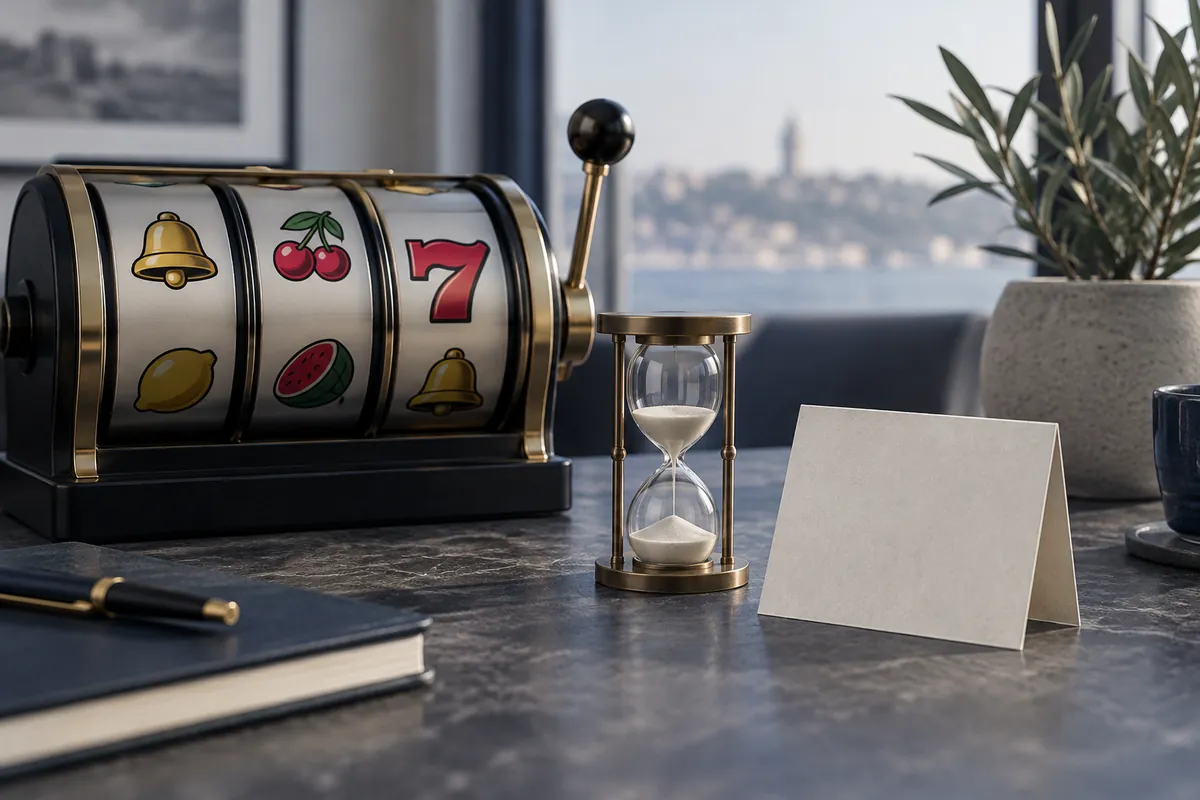 Slot makarası yanında kum saati ve boş koşul kartı