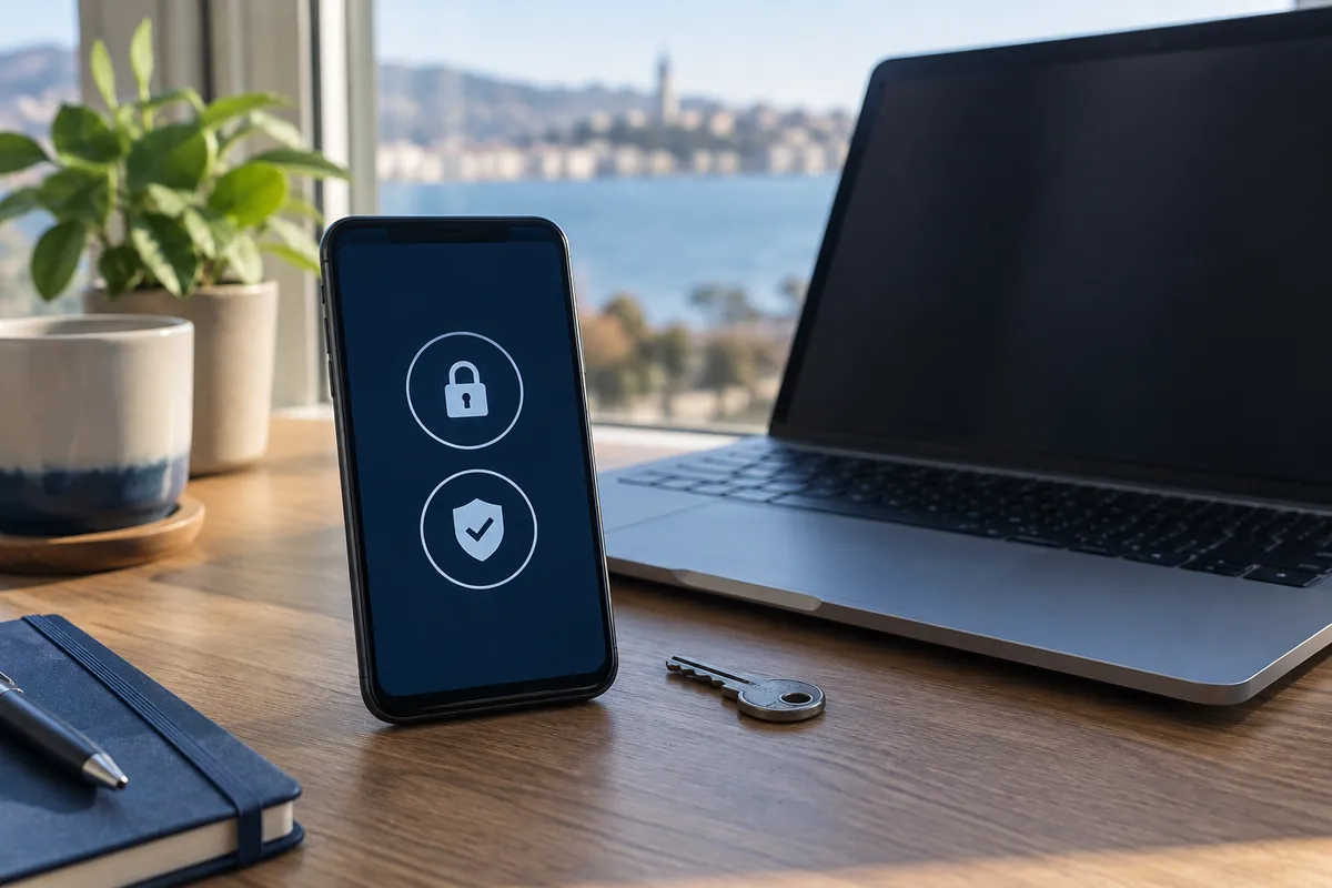 Telefon, metal anahtar ve dizüstü bilgisayar