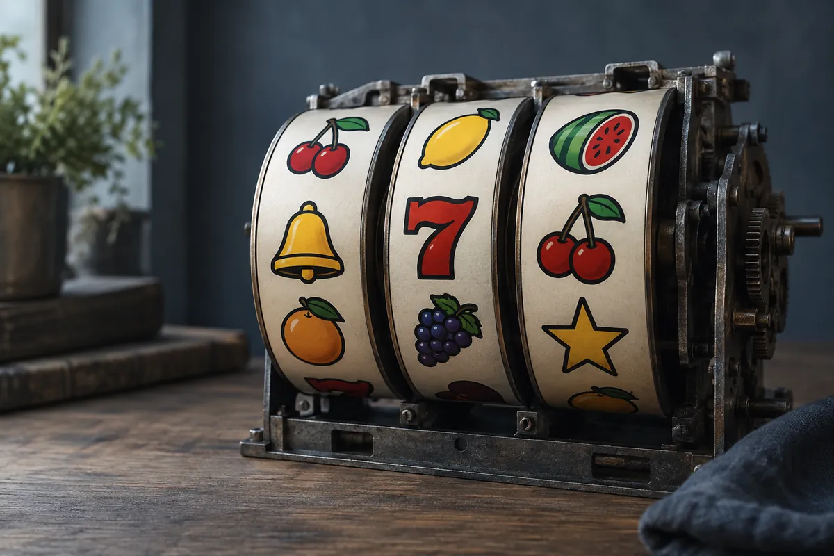 Meyve ve geometrik simgeler taşıyan mekanik slot makaraları