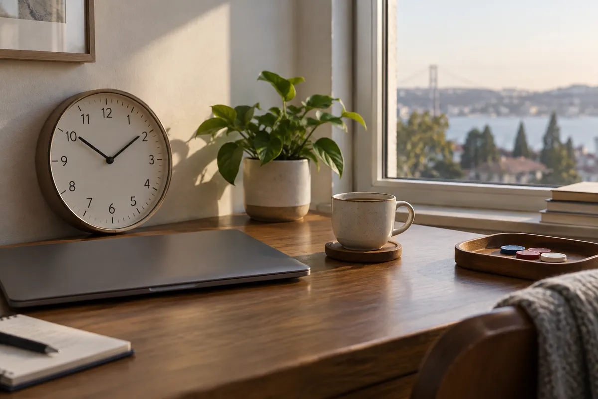 Kapatılmış bilgisayar yanında saat ve çay fincanı